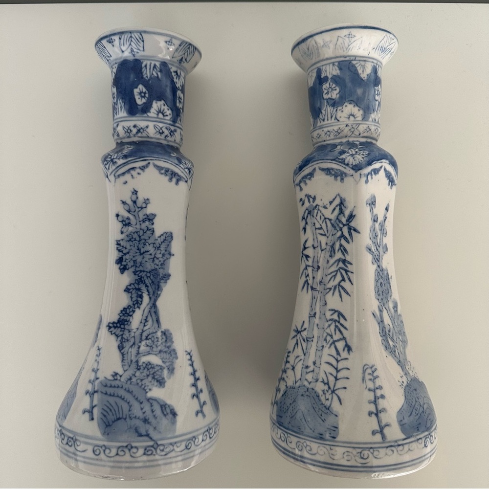 Two Vintage Williams Sonoma Chinoiserie Hand Painted Candle Holders Blue, White - Picture 1 of 9